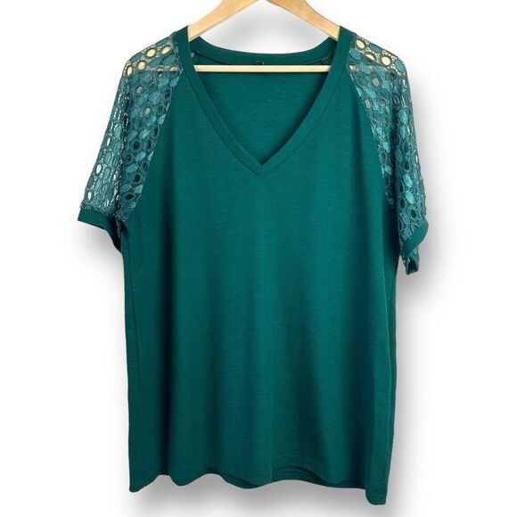 Boutique Women's XL Open Knit Lace Sleeve V-Neck Tee Forest Green Elevated Basic - Picture 1 of 8